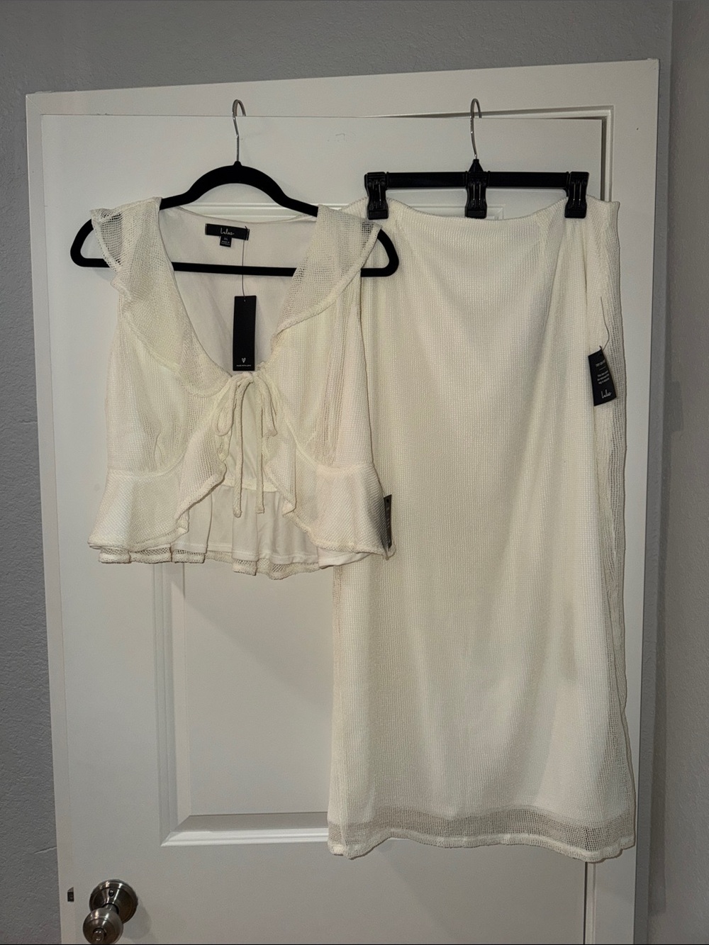 Lulu's Cream Two-Piece Maxi Set with Tie-Front Ruffle Top